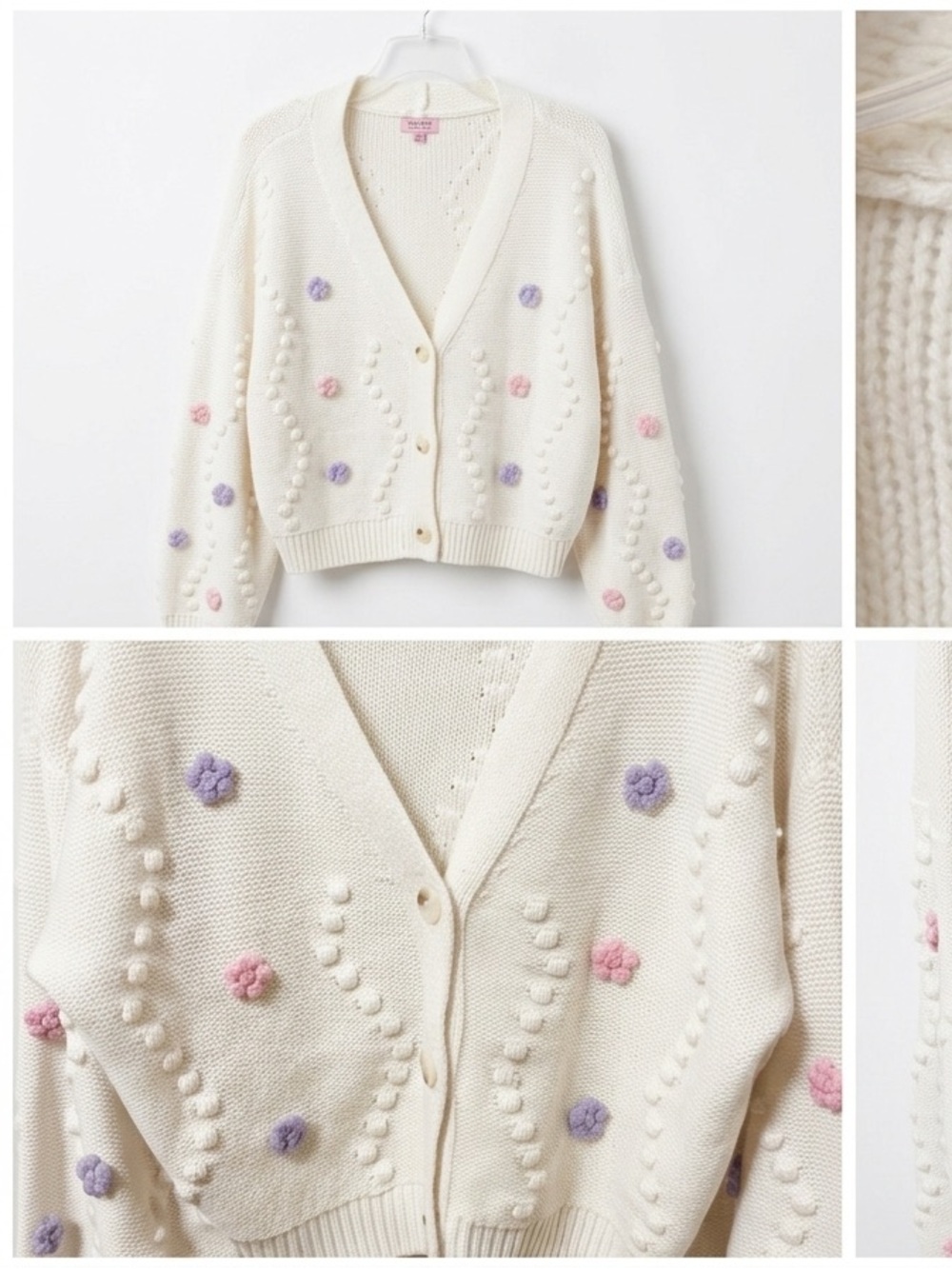 Mi Ami Francesa's Cream Knit Button Cardigan Floral Purple Pink Pom Poms XL